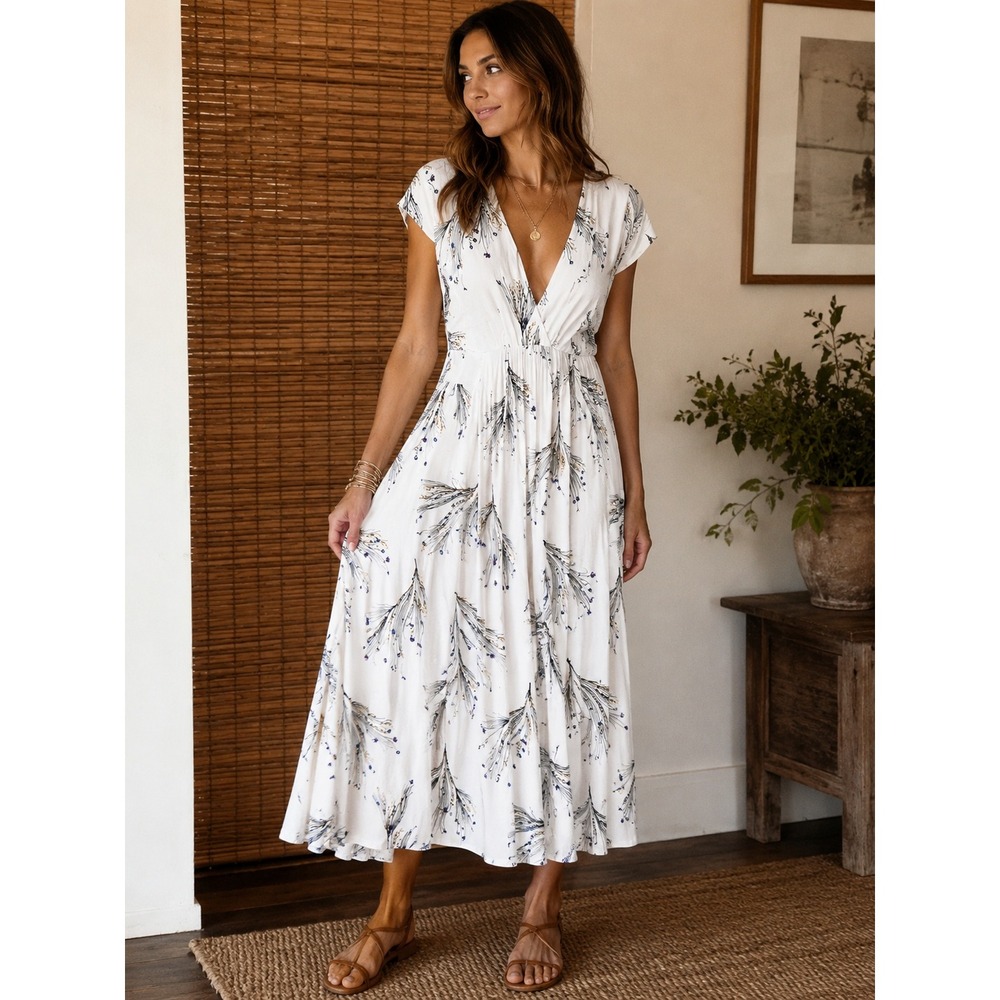 Free People White Botanical Print V-Neck Cap Rayon Midi Dress Boho Flowy Cottage